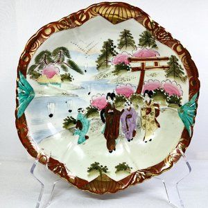 Satsuma Geisha Antique Nippon Bowl Kutani Japan Gold Gilded Hand Painted 10"